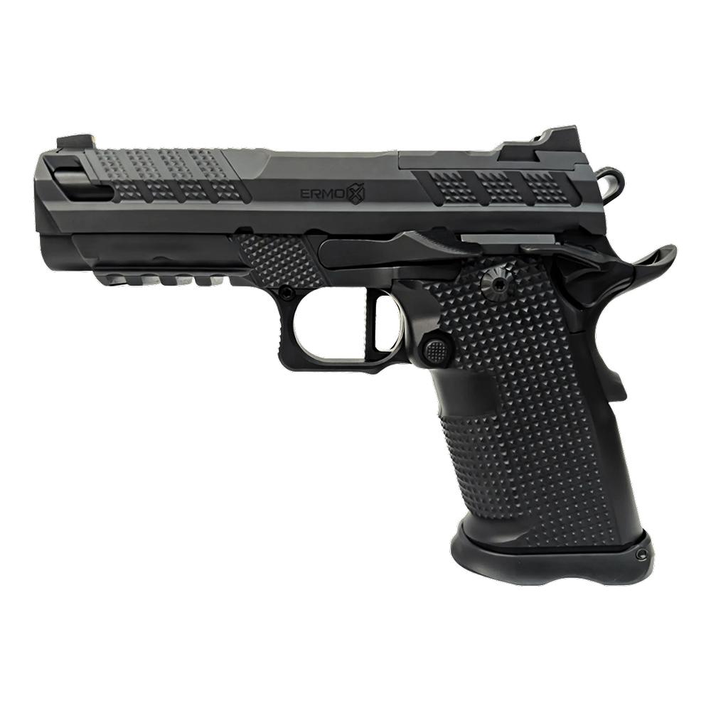 Photoreal 8K close-up detail shot of the Fusion XP Pro V2 handgun grip texture, trigger guard undercut, and checkered slide machining, premium studio lighting, black background, emphasis on aluminum V2 grip and steel frame finish