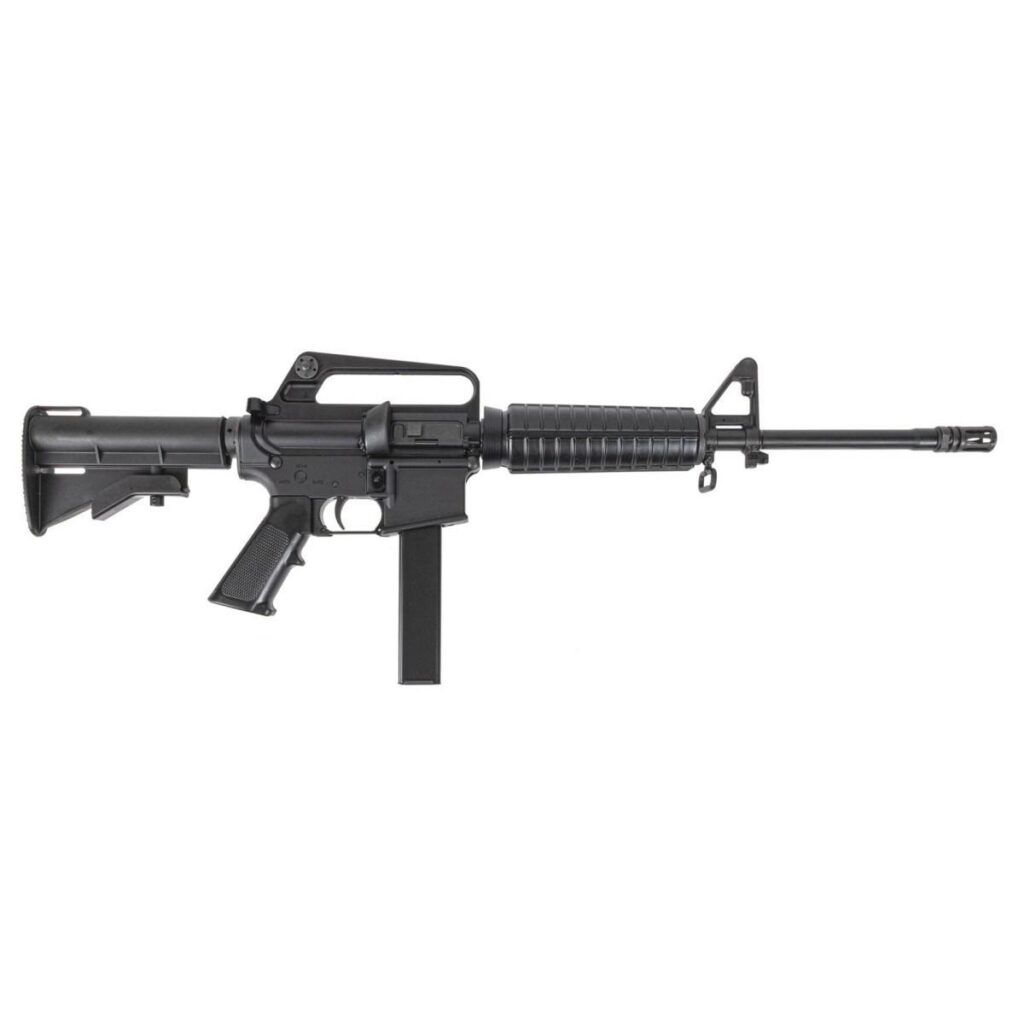 Photorealistic studio hero shot of the exact H&R Retro 635 9mm carbine shown from the right side, black anodized finish, 16-inch threaded barrel with A1 birdcage, centered on seamless white background, 8K resolution, soft even lighting, commercial product photography