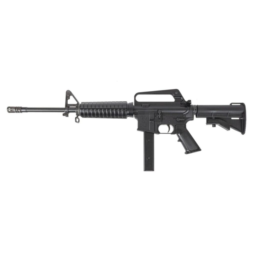 Photorealistic studio detail shot of the H&R Retro 635 9mm carbine from the left side, highlighting slickside upper, 6-hole handguard, A2 grip and black anodized texture, clean white background, 8K, sharp focus on metal finishes