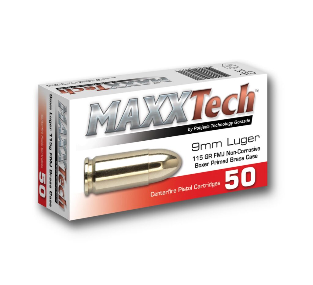 Photorealistic studio hero shot of Maxxtech 9mm Luger 115gr FMJ ammunition box centered on seamless white background, crisp labeling visible, premium lighting, 8K resolution, commercial product photography