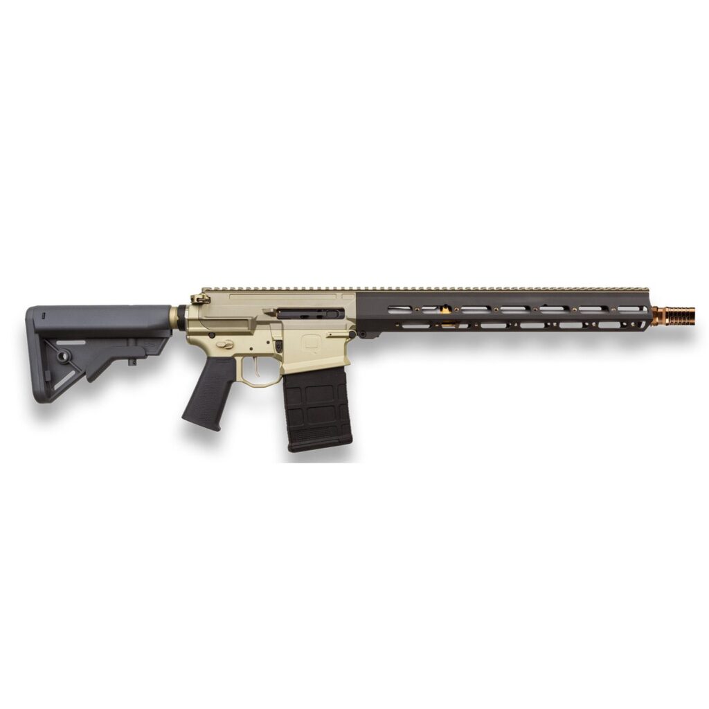Photoreal 8K studio hero shot of Q Boombox AR15 rifle in 8.6 BLK with gray accents, 16 inch barrel, centered on clean white background with soft premium lighting, sharp focus on anodized finish and synthetic stock, conversion-grade product photography