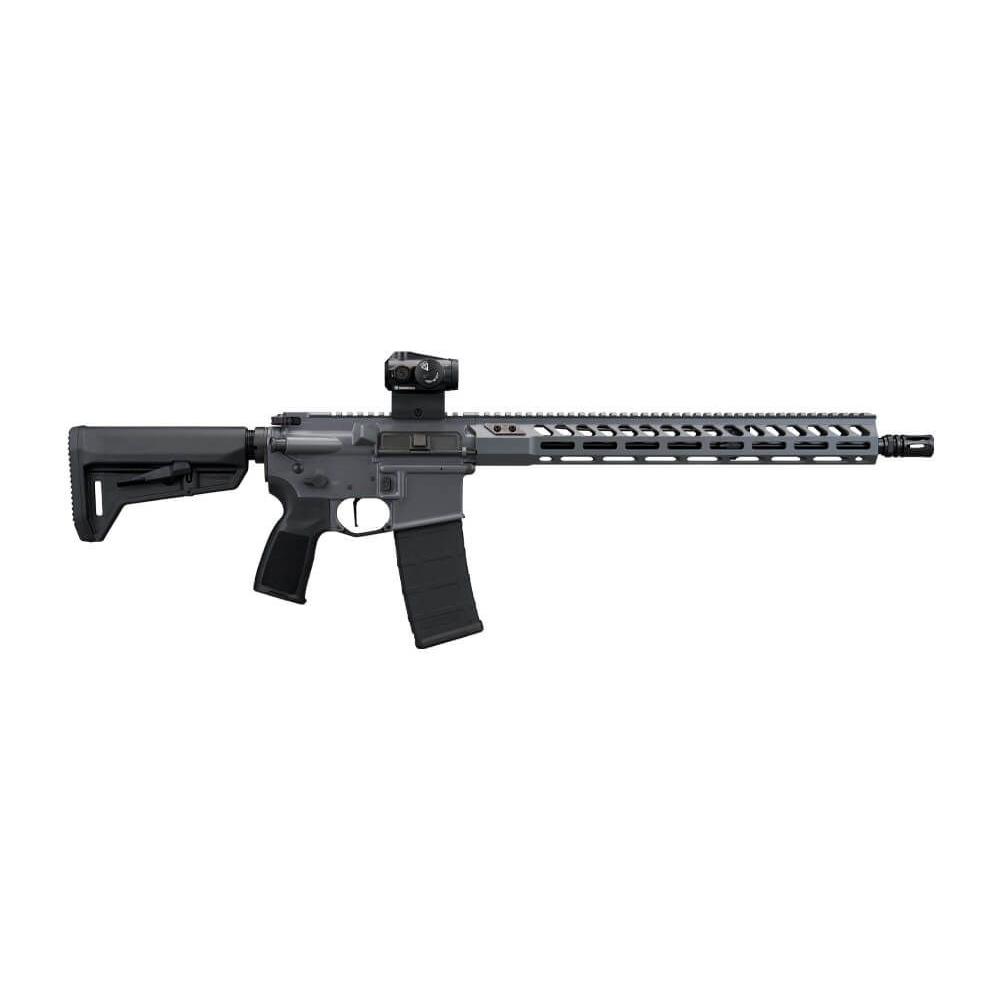 Photoreal 8K studio hero shot of Sig Sauer M400 Forge rifle in Concrete Gray Cerakote, centered on seamless white background, clean lighting, full side profile with ROMEO-MSR optic visible, premium product photography