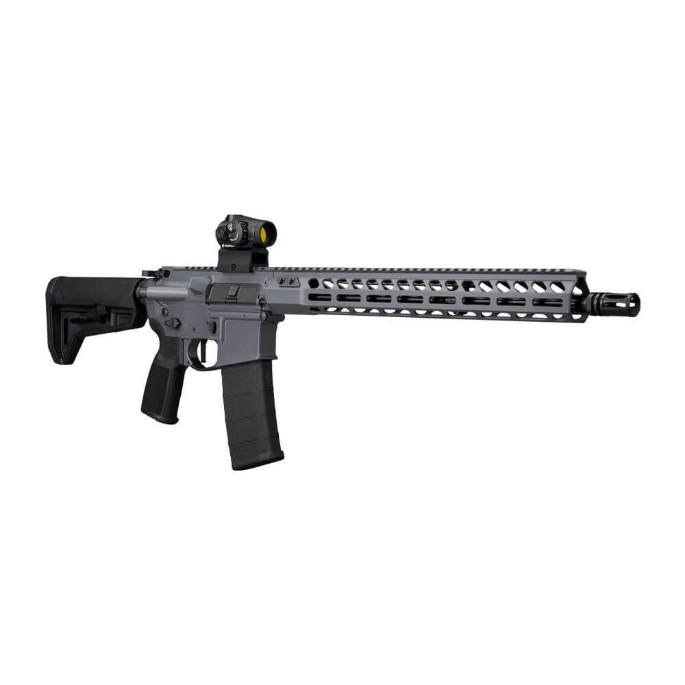 Lifestyle in-use shot of operator shouldering the M400 Forge Concrete Gray rifle at an outdoor range, natural daylight, tactical stance, M-LOK handguard and MAGPUL stock in focus, photoreal 8K