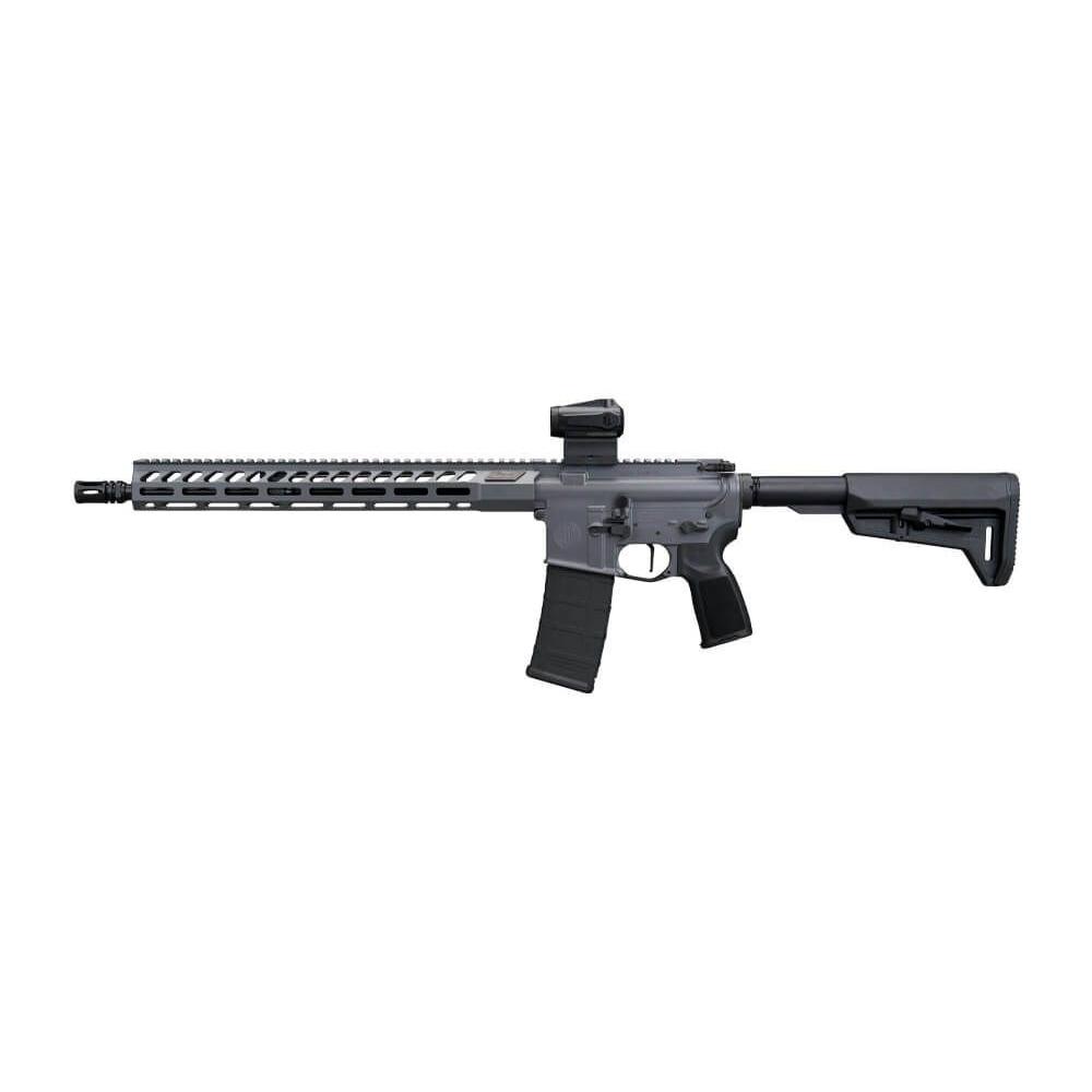 Alternative three-quarter angle view of the Sig Sauer M400 Forge rifle showing full-length M-LOK handguard, A2 flash hider, and collapsed MAGPUL SL-K stock, on dark premium gradient background, 8K studio photography