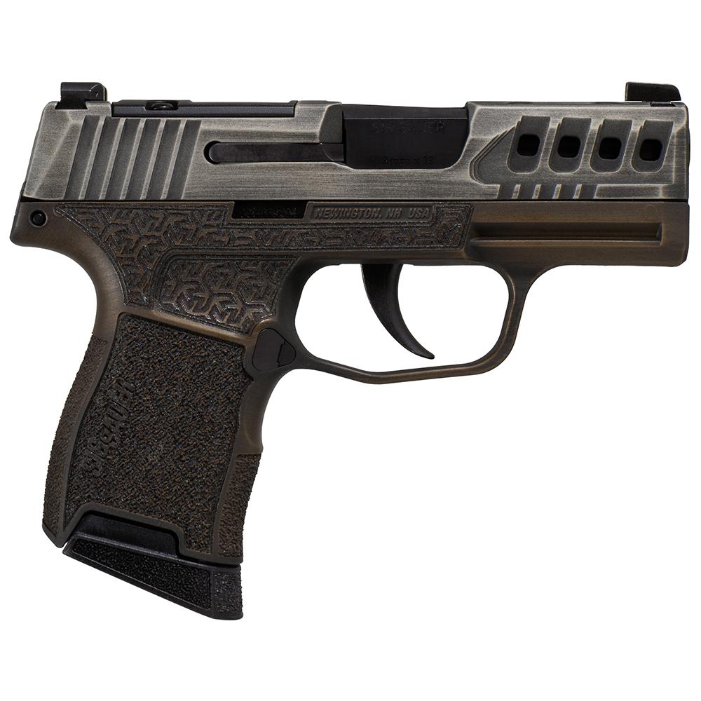 Photoreal 8K studio hero shot of Sig Sauer P365 Gold Bug handgun centered on seamless white background, three-quarter angle showing distressed grey slide, brown octagon-stippled grip, black barrel, clean lighting, luxury firearm photography