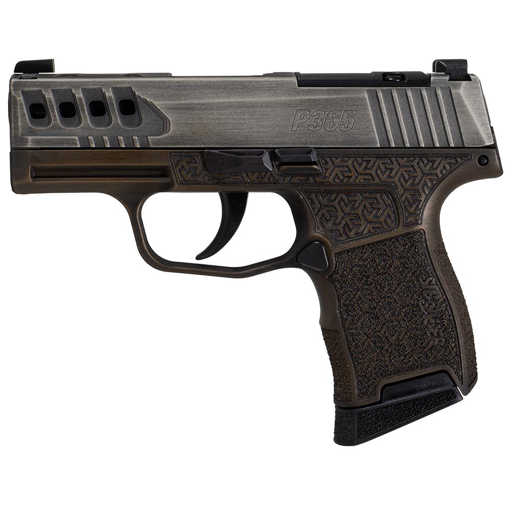 Photoreal 8K lifestyle detail shot of Sig Sauer P365 Gold Bug resting on dark walnut surface, left-side profile emphasizing distressed grey slide texture and brown grip stippling, soft directional lighting, premium studio setting