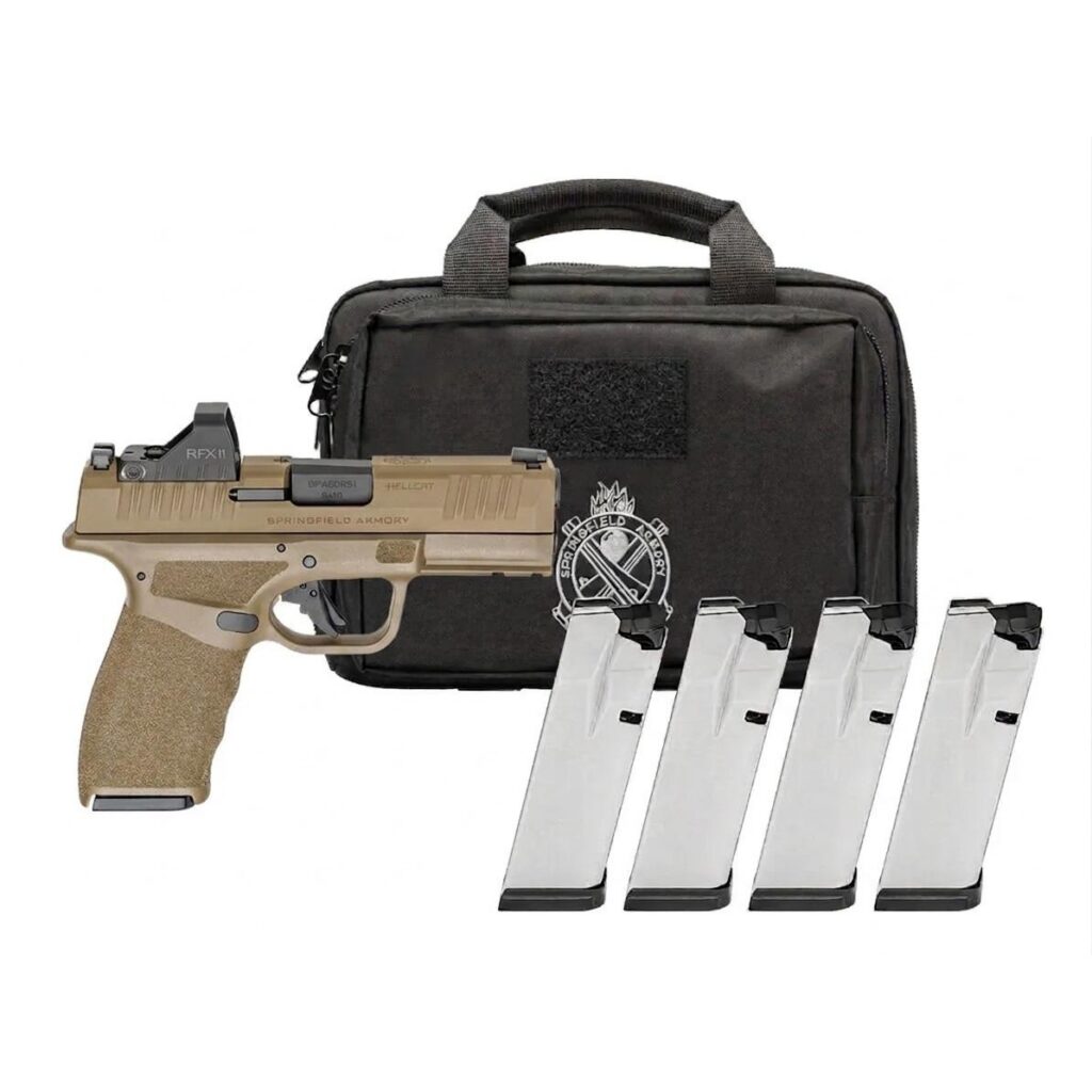 Photorealistic 8K studio product photo of Springfield Hellcat Pro FDE handgun centered on seamless white background with Viridian RFX11 optic mounted, magazines arranged neatly beside, soft even lighting, premium e-commerce style